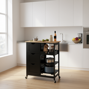 Isla de Cocina con Ruedas, Superficie de Madera, 3 Cajones, 3 Estantes, Diseño Moderno Negro, Carrito de Cocina Funcional - Product Image 2