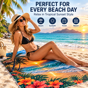 Toalla de playa Tropical Sunset de microfibra de secado rápido con estampado floral, rectangular, lista para la playa, para adultos - Product Image 2