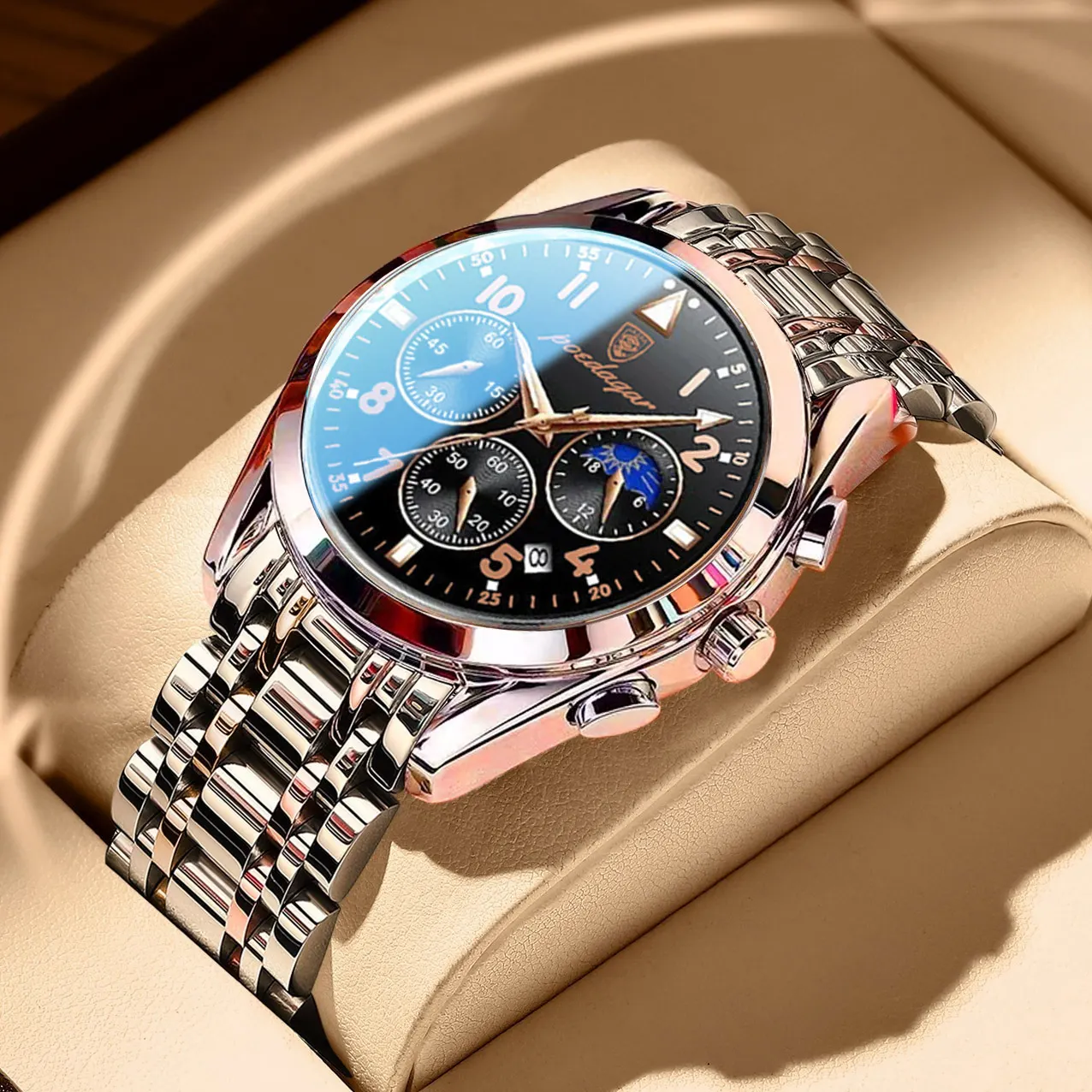 POEDAGAR Men Watches Stainless Steel Fashion New Rose Gold Leather Wristwatch Waterproof Luminous Quartz Watch Relogio Masculino