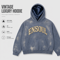 Sweat à capuche personnalisé vintage délavé effet vieilli avec doublure satinée, style streetwear, coupe oversize et carrée, appliqué, grammage lourd, anti-plis