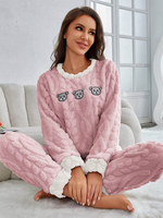 Pyjama d'hiver thermique en flanelle pour femme, 100 % polyester, 220 g, uni, ODM, avec cordon de serrage, col lisse, tricot doux, taille mi-haute, long