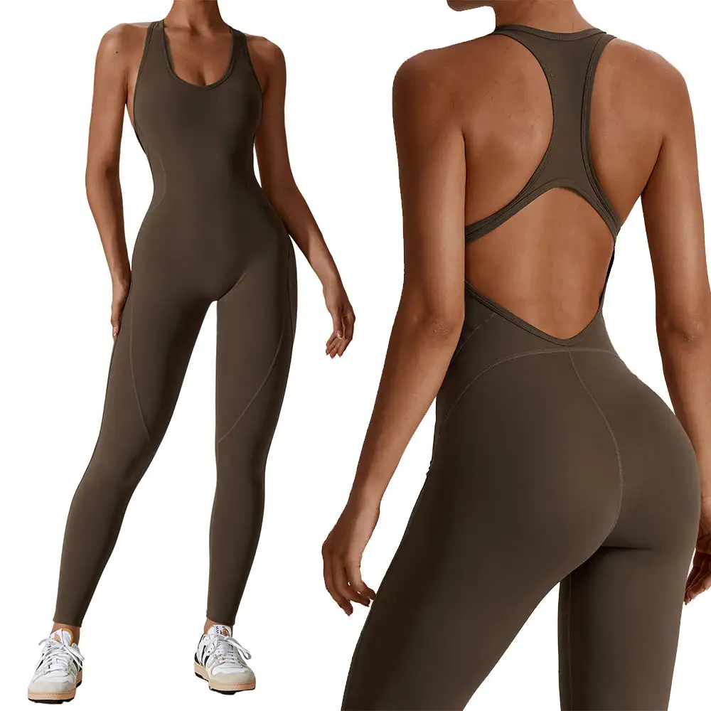 Logo kustom Bodysuit olahraga punggung terbuka Solid wanita Romper aktif pakaian olahraga Romper latihan Gym satu potong Jumpsuit Yoga