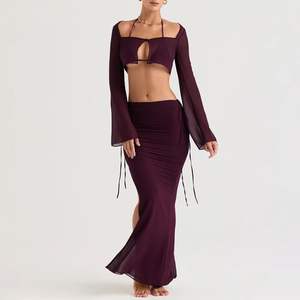 Source Factory ODM Elegant Prune Cutout <b>Maxi</b> <b>Tulle</b> <b>Skirt</b> Dropped Waist Ladies Party Summer Purple Sexy Two Piece <b>Skirt</b> Set - Product Image 4