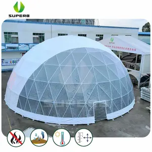 Carpa de cúpula geodésica transparente de 20m con suelo de madera