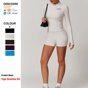 Ensemble de Yoga respirant pour femmes à manches longues haut court Shorts 2 pièces vêtements d'entraînement évacuation de l'humidité <span class=keywords><strong>Gymshark</strong></span> Style Yoga tenue - Product Image 3
