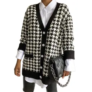 Hot Selling Cardigan Langarm Big Pocket Knit Plaid Sweater Frau