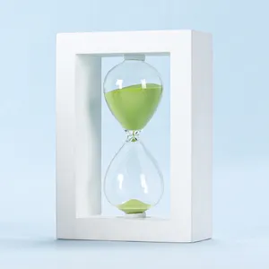 ساعة رملية بإطار خشبي مربع أبيض وأسود، منبه رملي زجاجي للمكاتب والمقاهي والمنزل