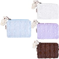 Sac de maquillage texturé en dentelle avec pendentif ours, pochette de voyage portable, trousse de toilette à fermeture éclair, organiseur de maquillage