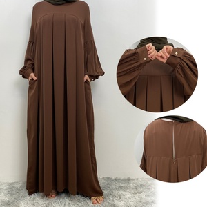 6683 #   Robe décontractée et élégante en tissu Nida confortable pour l'été, couleur unie, manches plissées boutonnées, avec poches latérales et fermeture éclair au dos - Product Image 3
