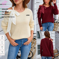Suéter de Mujer Loveda al por Mayor con Logotipo Bordado Personalizado, Color Sólido, Holgado, con Cordones y Cuello de Lazo, Hombros Descubiertos