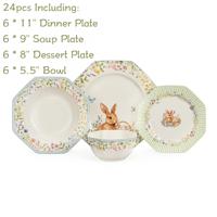 CASA HEMERA Ensemble de vaisselle en céramique 24 pièces Lapin de Pâques - Assiettes de présentation et plats en porcelaine mignons pour cadeau de fêtes et fête à domicile