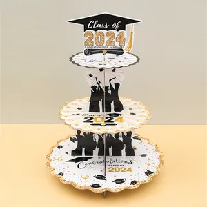 Class Of 2024 Graduation Cupcake Stand 3 Tier Cardboard Congrats Grad 2024 Black Gold Cupcake Stand Congrats Grad Graduation