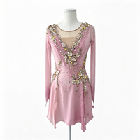 Robe de patinage et de danse rose pour enfants et adultes, en maille à manches longues, avec strass et découpes florales au dos, pour compétition et spectacle de patinage sur glace