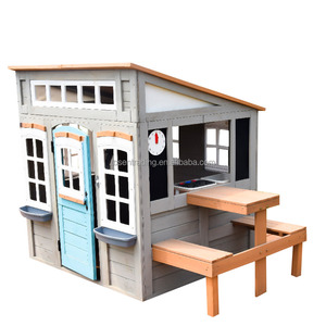 Maisonnette de jeu en bois pour l'extérieur avec table et bancs de pique-nique intégrés, cuisine de jeu et horloge - Cabane de jardin pour enfants - Product Image 1