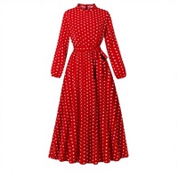 Robe longue à pois rouges, col haut, manches longues, coupe trapèze avec ceinture, robe décontractée respirante pour femmes