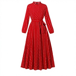 <b>Red</b> Polka Dot Midi Dress Round Neck Long Sleeve A-Line Vintage Belted Casual wholesale <b>Red</b> Full Sleeve Breathable Women's Dress - Product Image 2