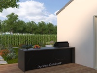 Cuisine BBQ extérieure noire, station de grillage monochrome élégante pour encadrer les zones de repas de jardin avec une ambiance de soirée de style restaurant