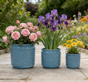 Juego de 3 Macetas de Cerámica Esmaltada, Modernas, para Patio, Suelo y Alféizar de Ventana - Azul Antiguo - Product Image 1