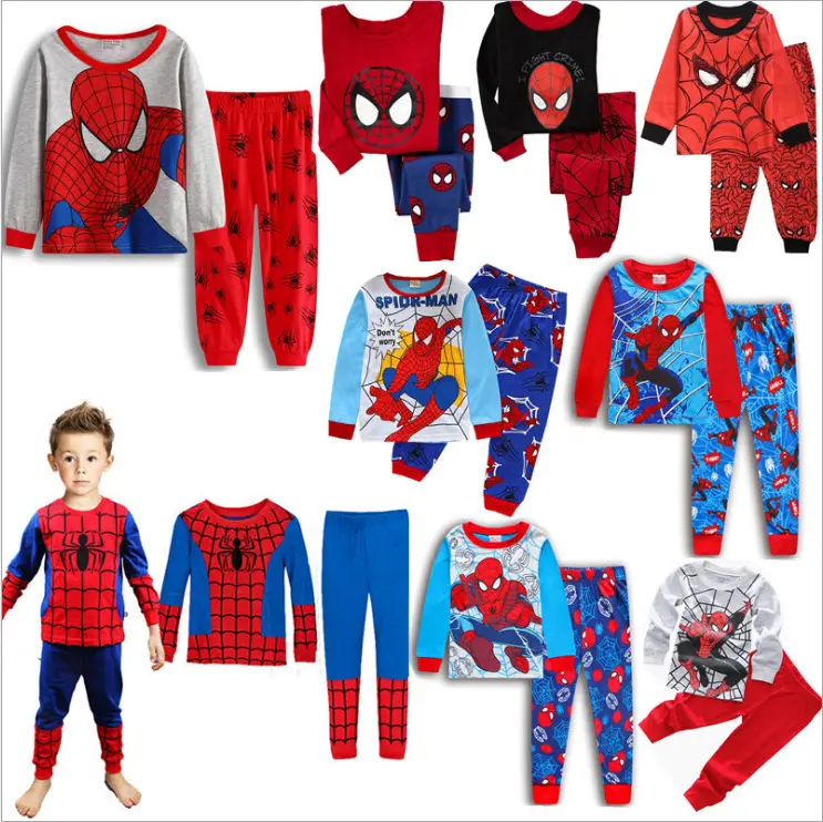 ชุดนอนเด็กลายการ์ตูน,ชุดคอสเพลย์ซูเปอร์ฮีโร่สำหรับเด็กใส่ในฤดูใบไม้ผลิฤดูใบไม้ร่วงผ้าฝ้าย Spiderman Cars