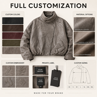 Blouson Bomber Homme Sur Mesure en Cuir Gris Marron, Coupe Courte, Taupe Délavé, Effet Vieilli, Col Montant, Applique, Patch, Fabrication OEM ODM