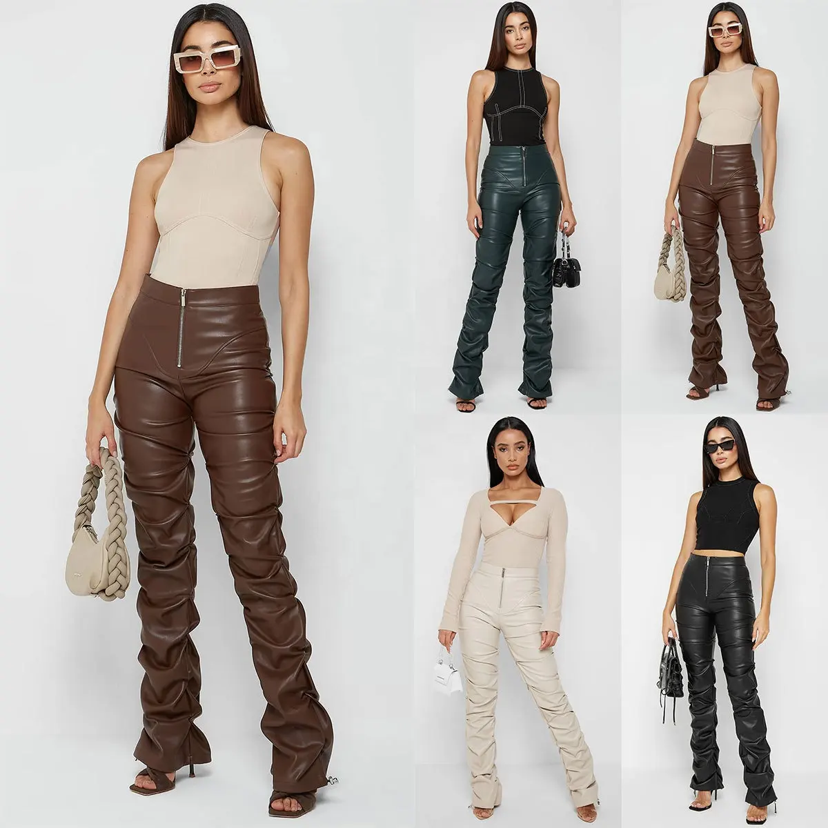 OUDINA Fashion Street High Waist Casual Trousers Zipper PU Pleated Brown Stacked Pants Women Leather Pants