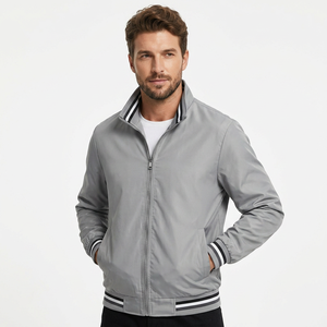 <b>Grey</b> Bomber <b>Jacket</b> Full Sleeve Zipper Closure Stand Collar Solid Color Polyester Woven Memory Fabric <b>Waterproof</b> Lightweight - Product Image 1