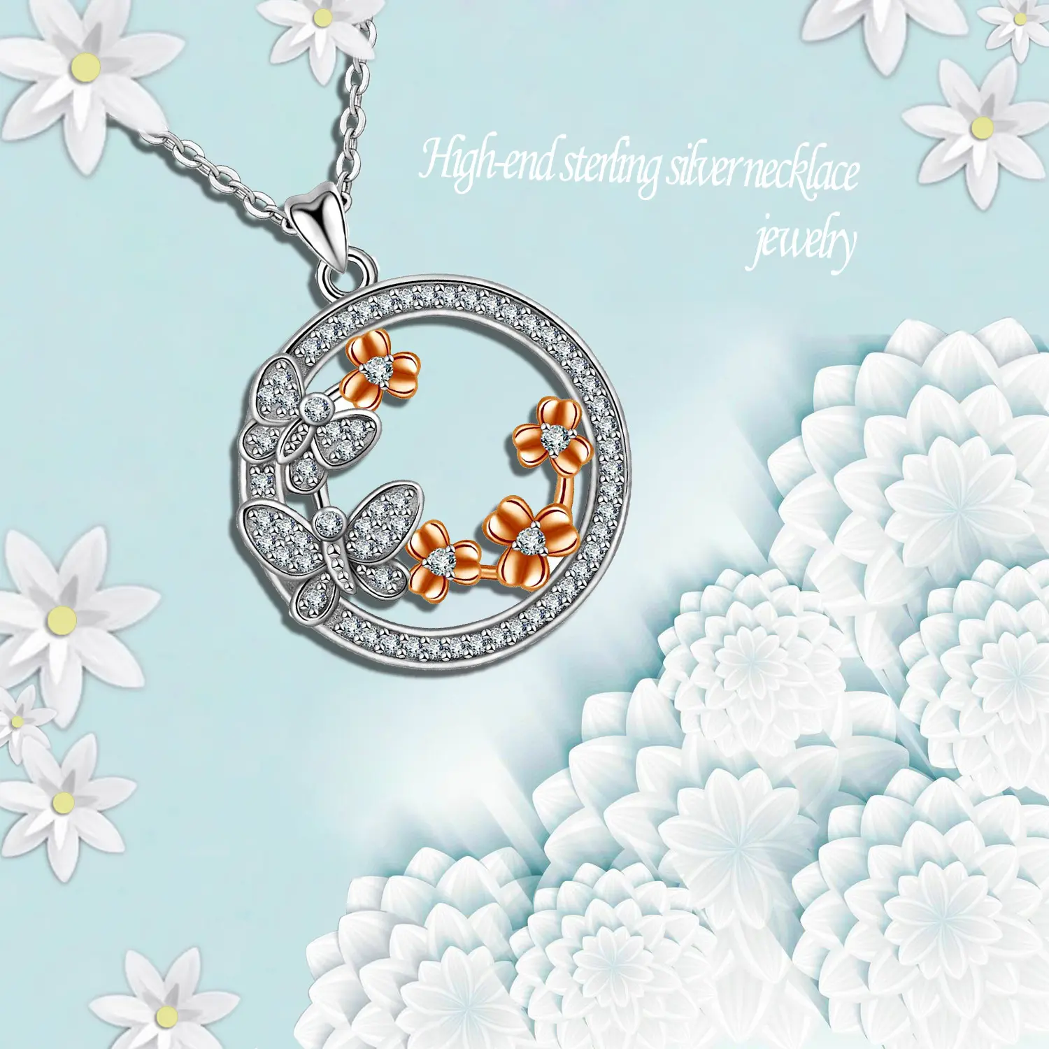 Custom Sterling Silver Pendant Women Flower Butterfly Round Pendant 925 Silver Necklace Jewelry