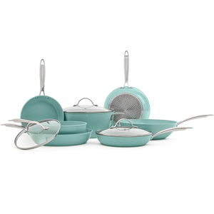 Batterie de cuisine en aluminium forgé avec revêtement céramique marbré antiadhésif, poignée en acier inoxydable, comprenant poêle, casserole et faitout – Offre Spéciale - Product Image 1