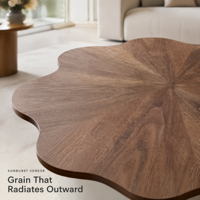 Ensemble de tables basses contemporaines en placage de bois avec plateau stratifié, tables gigognes à motif floral en forme de pétale, base en bois grainé crème effet soleil pour salon