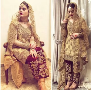 ATIYA LIBAS Royal Indian/Pakistani Long Chiffon Kameez <b>Pencil</b> Trouser Fit Flare Silhouette High Street Style Heavy Embroidery - Product Image 6