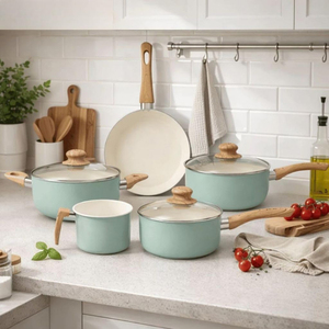 Modern Ceramic Marble Coated 8-Piece <b>Pot</b> <b>Pan</b> Clear Glass Lids Bakelite Handles Non-Stick <b>Induction</b> Ready Oven Safe Cookware <b>Set</b> - Product Image 1