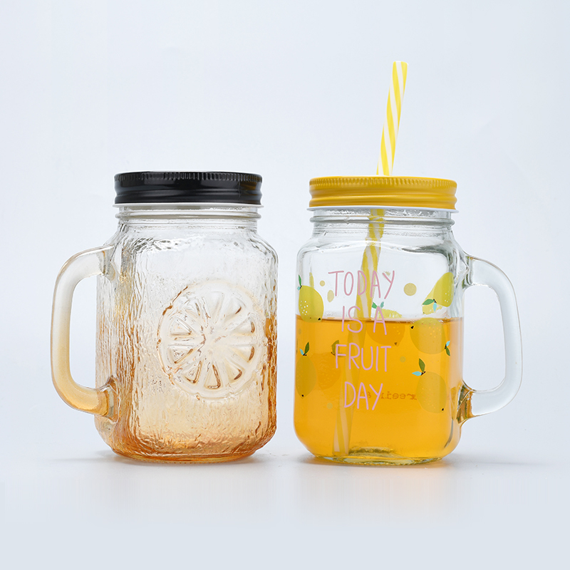 Empty Colorful Wide Mouth Glass Jar Cold Brew Bottle Mason 12oz 400ml 500ml Drinking Mug with Handle