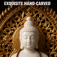 Statue de Bouddha sculptée à la main en marbre blanc avec halo doré et base en lotus, sculpture de Shakyamuni, décoration d'autel de temple ou de maison pour la méditation