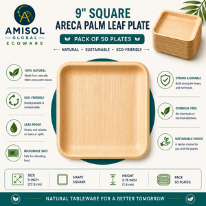 9 Inch Square Areca Palm Leaf <b>Disposable</b> Dinner <b>Plate</b> | Compostable Eco-Friendly Heavy-Duty Catering <b>Plate</b> - Product Image 2