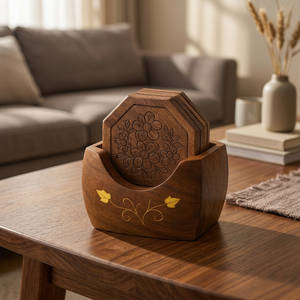 Handcrafted Floral Carved Acacia Wood <b>Coaster</b> <b>Set</b> Metal Holder Classic Table Decor Drink <b>Placemat</b> Pad Tabletop Units 5 Pieces - Product Image 1