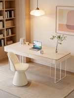 Bureau d'ordinateur moderne de style crème luxe léger avec plateau en pierre blanche pure et tiroir, idéal pour la maison, l'écriture, l'étude ou le bureau