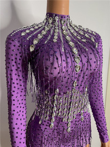 S0452Y 2026 Meilleures ventes Robe longue de soirée ajustée à strass, style performance, avec franges violettes couleur patate douce, pour la danse latine - Product Image 1