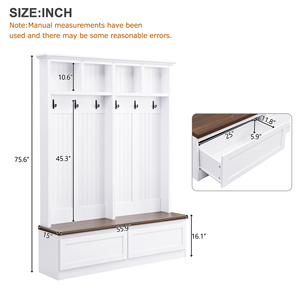 Modern 4-in-1 Adjustable <strong>Hall</strong> Tree Wood Grain Bench Bedroom Versatile <strong>Coat</strong> <strong>Rack</strong> 2 Large Drawer Entrance Organizer White - Product Image 5
