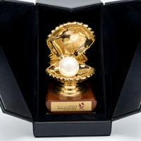 Trophée personnalisé en métal en forme de coquille de 25 cm avec accent perlé, base en bois gravable pour coffrets cadeaux d'entreprise