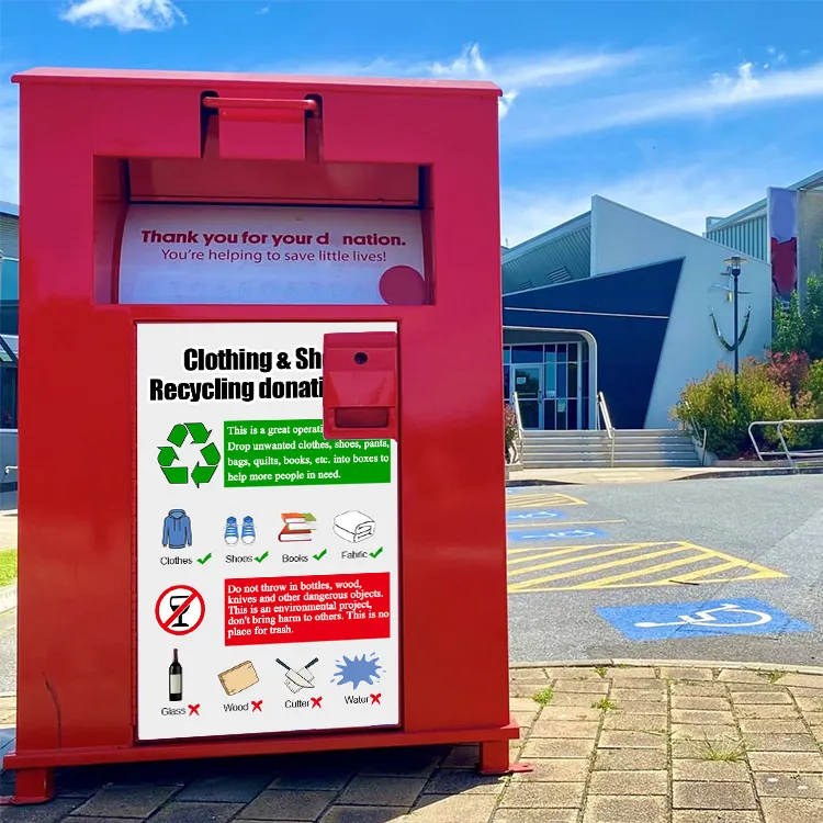 Cubo de basura de acero de China Reciclar acero Desmontado Ropa Zapatos Libros Contenedores de donación al aire libre