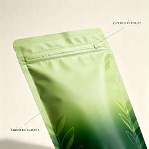 Green Matcha Stand Up <b>Plastic</b> Packaging Bag Resealable Zip <b>Pocket</b> Food Grade Pouch for Tea Snacks - Product Image 2