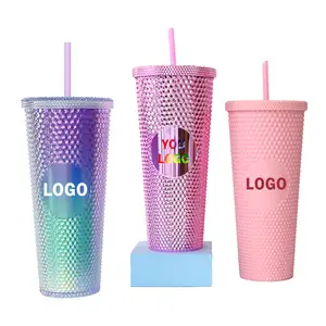 Hot Sale Reusable Diamond Drinking Cups 24 Oz Multi Color Black Studded Tumbler With Lid And Straw
