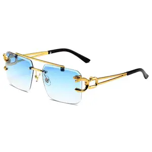 2023 New European and American Retro Double Bridge Sunglasses Fashion Leopard Frameless Trimmed Sunglasses Female Fashion Wholes