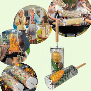 Cestas de Grelha Giratórias de Alta Qualidade DaS, Fábrica com 36 Anos, Acessórios para Churrasco, Ferramentas para Exterior, Cesta de Grelha Cilíndrica com Cabo de Madeira - Product Image 1
