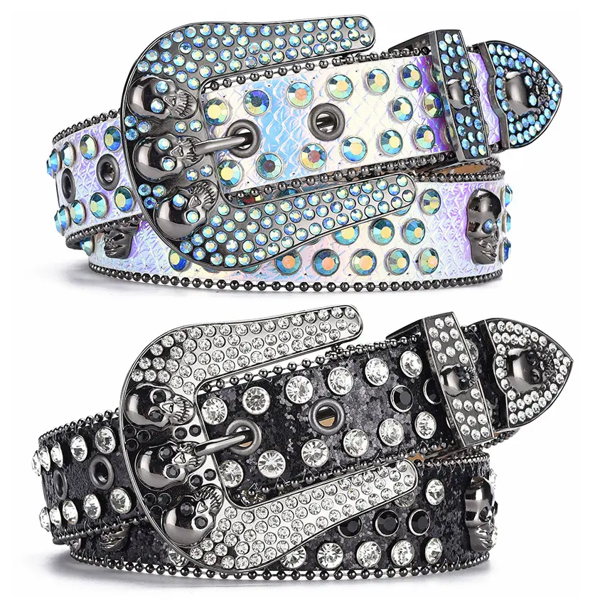 Cinturones de diamantes de imitación de piel sintética para mujer, cinturones de moda con diseño de calavera elegante para hombre