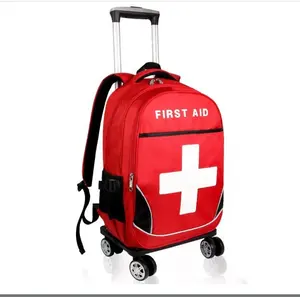 2024 New Trolley Wheeled trend red cross emergency equipment storage first aid backpack trolly bag with wheels