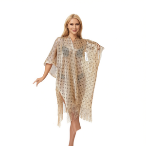 Cardigan Kimono Léger à Franges pour Femme, Motif Fleur à Cinq Pointes, Tenue de Plage et Maillot de Bain d'Été - Product Image 1