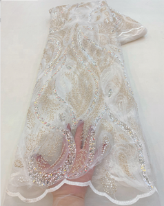 Chine vente en gros 3D Tulle brodé fleur rose perles dentelle tissu pour robe de soirée de mariage tissu de maille suisse de haute qualité - Product Image 2
