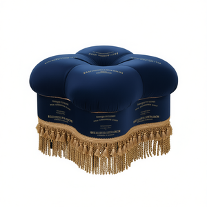 Pouf Ellen in Velluto Blu Navy con Frange Dorate, Arredamento per Soggiorno - Product Image 1