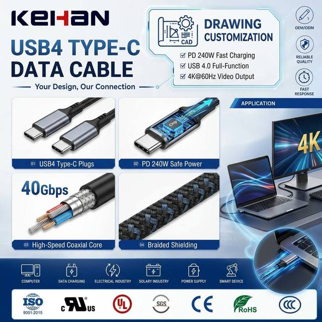 Wire USB4 Type C Data Cable 60Hz PD240W Full-Function Fast Charging USB 4.0 Usb c to USB-C Data Cable